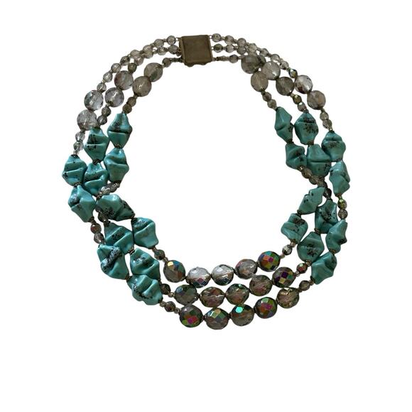 Antique Art Deco Faux Turquoise Glass AB Faceted Triple Strand Necklace RARE - Picture 4 of 11